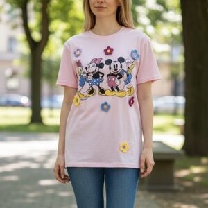 Disney Mickey and Friends Pink Graphic T-Shirt w/ 3D Flower Appliqués